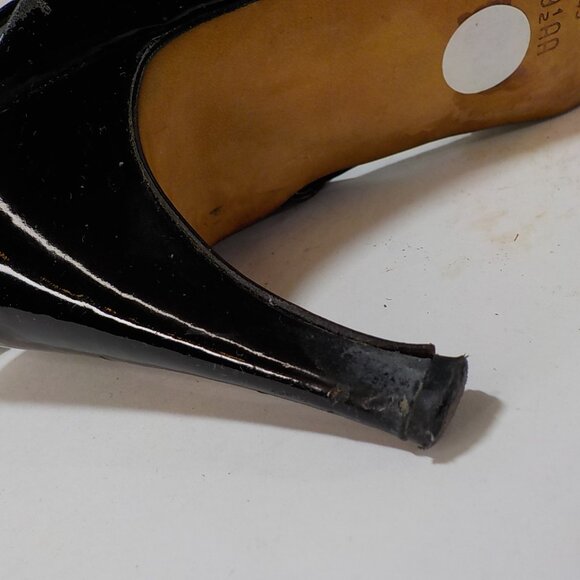 VIA SPIGA, Black Patent Leather, Sling Back Pumps with Suede Button Accent - Picture 10 of 11